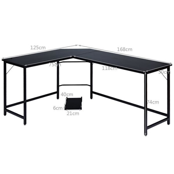COSTWAY stort hjørneskrivebord L168 x B125 x H74CM - Op til 3 computere med CPU-understøttelse Industriel stil, metalstruktur l Sort Svart