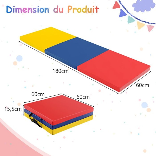 COSTWAY Taivutettava Jumppamatto - 180 x 60 x 5cm - 3 Kertaa, jossa Kahva - Itsekiinnittyvät Kiinnikkeet - Vesitiivis PU, EPE Täyttö - Värikäs
