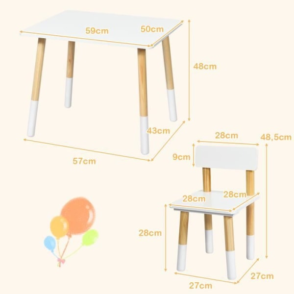 COSTWAY Set med barnbord och 2 stolar i skandinavisk stil Träbord för barnens sovrum, dagis Vit
