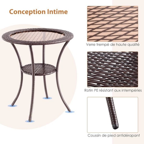 COSTWAY Havemøbel i rattan, top af hærdet glas, ramme i rustfrit jern, opbevaringsplads, rundt bord 64 x 71 cm