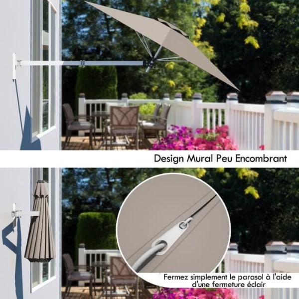 COSTWAY 247 cm (Dia) Vægmonteret Cantilever parasol, med justerbar stang, udluftning, til have, balkon, gård, cafe, gårdhave, brun kastanj