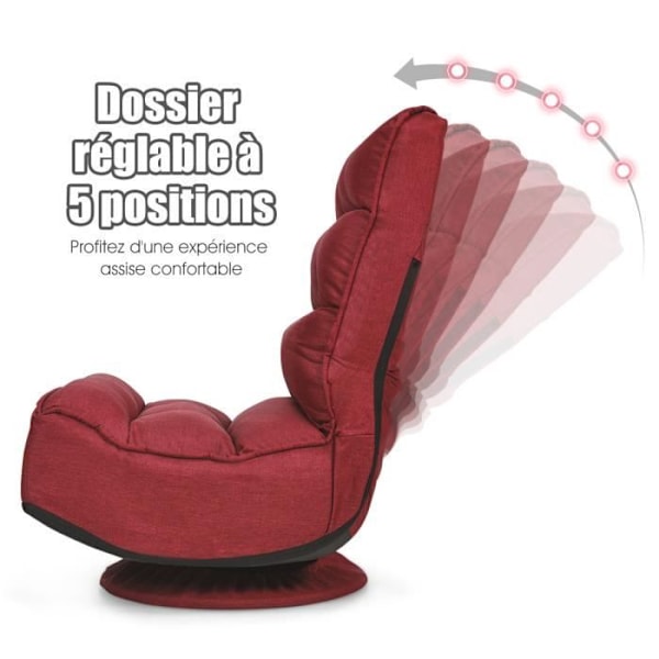 COSTWAY hopfällbar loungestol, 360° vridbar - högt ryggstöd justerbart i 5 positioner, linnetyg, för meditation, Relax Red Röd