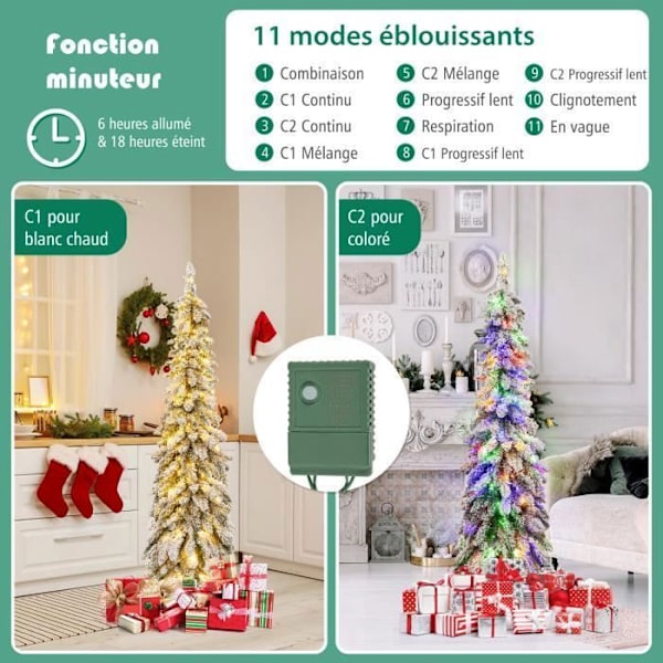 COSTWAY Artificiell LED-julgran 150 cm - Snöflockad - 150 tvåfärgade lampor, 11 dynamiska lägen, timer - 334 PVC-grenar