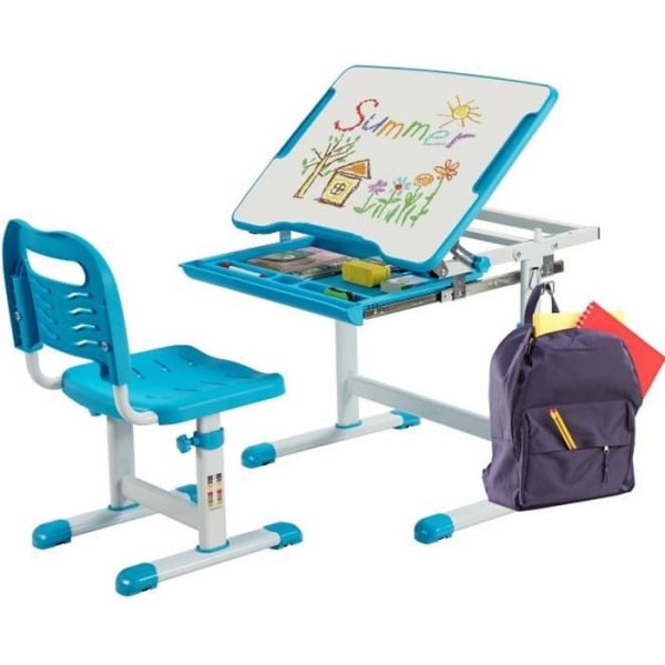 COSTWAY Ergonomiskt barnskrivbordsset Justerbar höjd, 0-45° tippbar topp, skjuthylla för flera förvaringsutrymmen Blå
