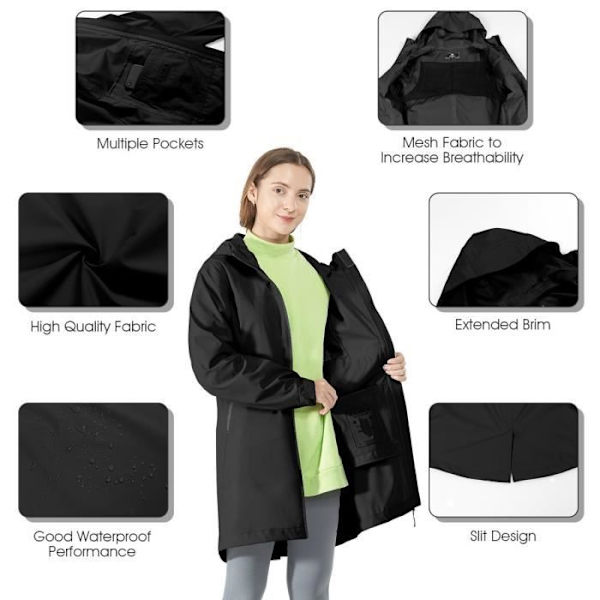 COSTWAY Trenchcoat til kvinder regnjakke med hætte, vandtæt vindtæt nylon udendørsjakke sort til rejser Svart S