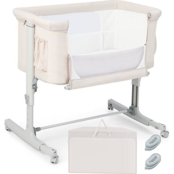 COSTWAY Spjälsäng med 5 justerbara höjder, last 9 kg, andningsbar nätsäng Resväska för baby 0-6 månader, beige