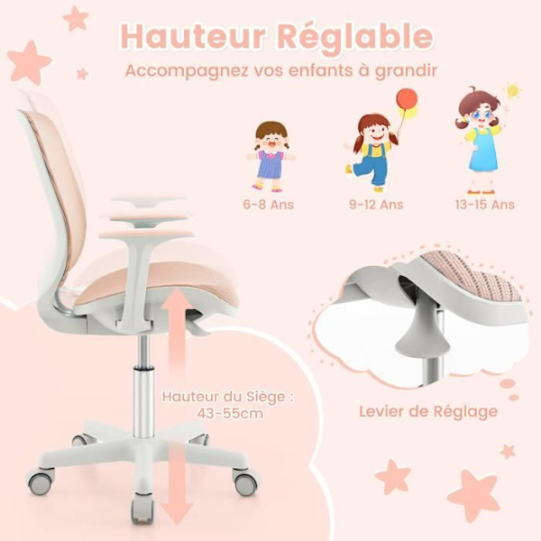 COSTWAY Ergonomisk drejelig kontorstol til børn 6-15 år, 5 bremsehjul, Justerbar sædehøjde 43-55 cm, Pink Rosa