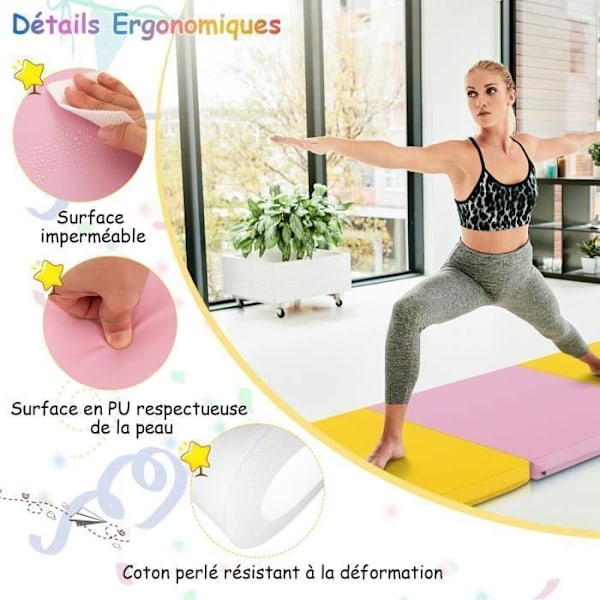 COSTWAY Foldbar gymnastikmåtte-180 x 60 x 5 cm-3 lag med håndtag-kroge- og løkkebefæstelser-vandtæt PU EPE-fyld-gul+pink