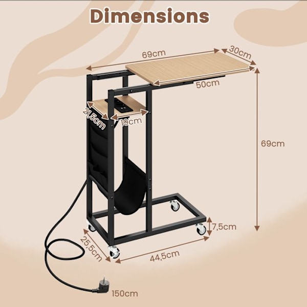 COSTWAY rullende C-formet sidebord med ladestation, med udtrækkelig bakke, opbevaringslomme, naturlig