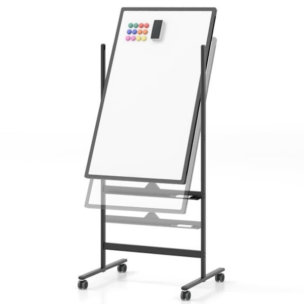 COSTWAY Magnetic Whiteboard 60 x 100 cm Dubbelsidig vändbar torrradering 2 justerbar höjd 4 mobila hjul Svart