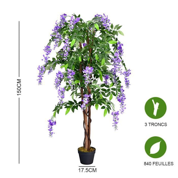 WISTERIA Keinotekoinen kasvi tekovioletteilla kukilla - ruukulla - 150 cm