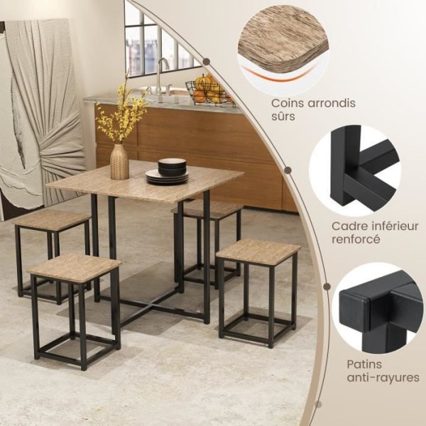 COSTWAY 5-delat matbord med 4 industripallar, metallstomme, 80x80x76 cm, naturlig, för kök, restaurang, vardagsrum