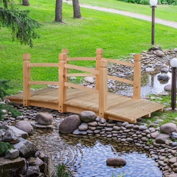 COSTWAY puinen puutarhasilta 150 x 67 x 56 cm kaiteilla ulkona koristelu lampi/allassillan kuorma 100 kg puun väri