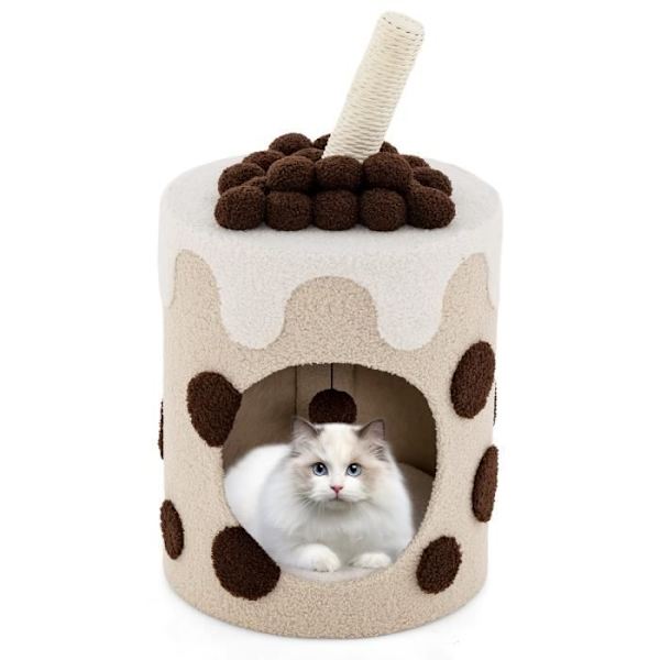 COSTWAY Huskorg för katter och djur - Avtagbar kudde, 360° roterande skrapstolpe, Bubble Tea Form, Hängande Pompom - Kaffe