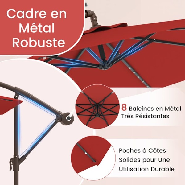 COSTWAY Parasol Déporté 3M med 40 LED-lampor Solpanel 6 timmar, Kryssbas Sandväska UV 20+ grön