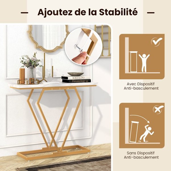 COSTWAY Konsolbord i imiteret marmor, tipsikring, sidebord til entré i stuen, hvid og guld Vitt och guld
