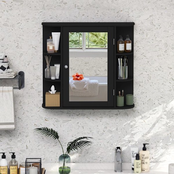 COSTWAY Badeværelsesvægskab med spejl Toiletopbevaring med dør og 6 hylder 65 x 16,5 x 63 CM Sort Svart