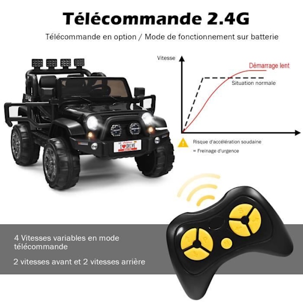 COSTWAY 12V sähköinen 4x4 auto lapsille 3+ vuotta, 2 istuinta, 2.4G kaukosäädin, LED valot ja musiikki, musta Svart