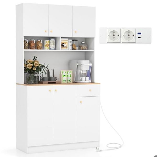 COSTWAY Køkkenbuffet med stik, USB-porte, justerbare hylder i 3 positioner og tip-over sæt, 100 x 40 x 181 CM Vit