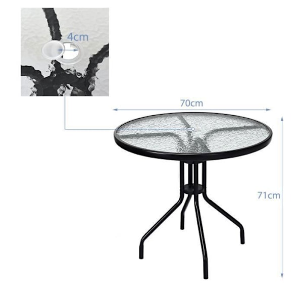 COSTWAY rundt havebord af hærdet glas 70 CM - Metalstel, Parasolhul, skridsikre fødder - Pool Balkon Gårdhave