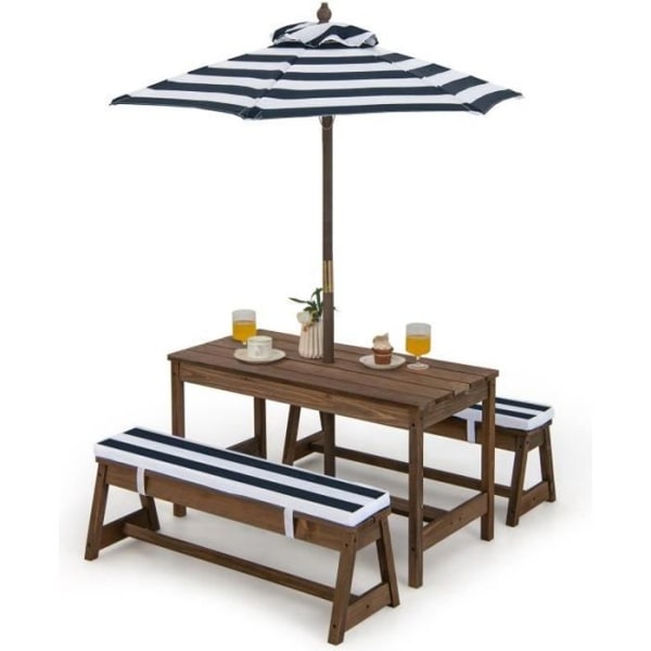 COSTWAY-bord och 2 trädgårdsbänkar med parasoll och grankuddar Picknickbord för 4 barn blå-vitrandigt