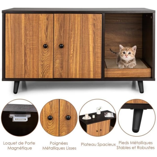 COSTWAY katthus, katttoalettstuga med dubbla dörrar och skrapbräda för katter, 90 x 50 x 50 CM, brun