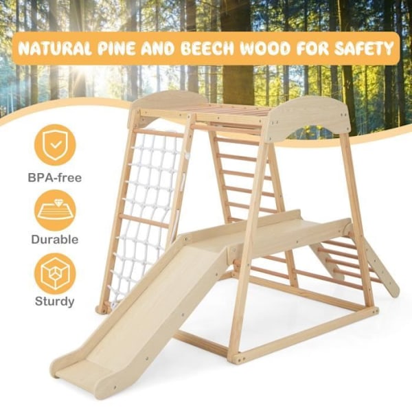 Escaladetrio - COSTWAY - 6-in-1 Puusta, jossa liukumäki ja verkko / kiipeily-, ryömimis- ja liukumistarvikkeet, 1 vuotta+ Luonnollinen Naturlig