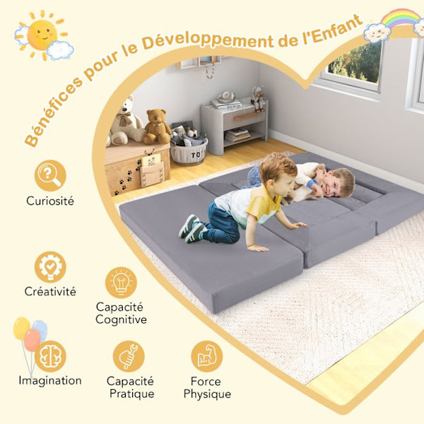 COSTWAY modulopbygget babysofa til 2 børn 9 stykker, konvertibel i skum, til klatring og kravling, ruskindsstof, grå