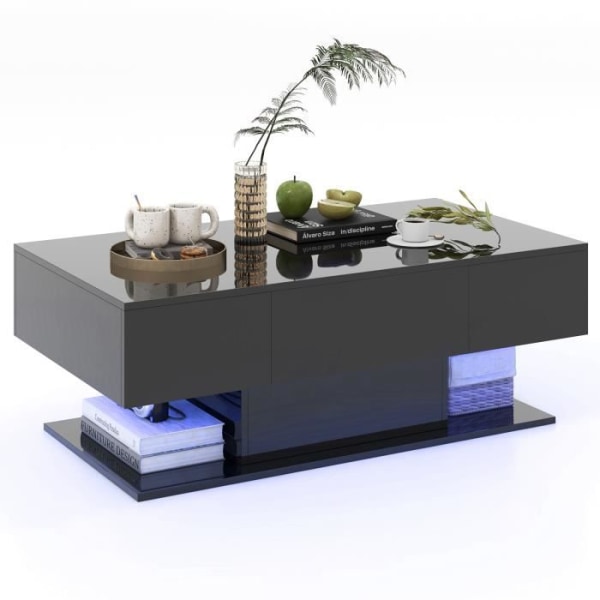 COSTWAY Sofabord med 20 Farverige LED-lys, Sidebord med 22 Tilstande og Skuffer, Fjernbetjening, Glansfuld Finish, Sort
