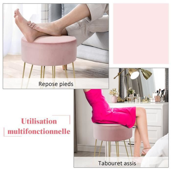 COSTWAY sittpuff rund pall Ø39cm, i sammet med robusta metallben, perfekt för vardagsrum eller sovrum Rosa