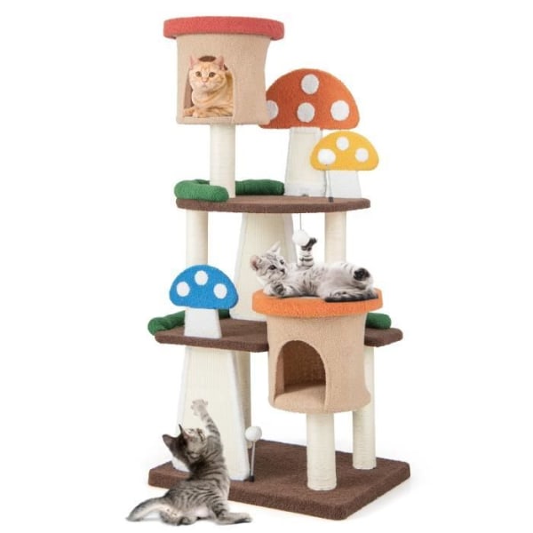 COSTWAY Mushroom Cat Tree - 2 asuntoa, interaktiiviset pallot, raapimispuu, taso - Cat Play Tower färgrik