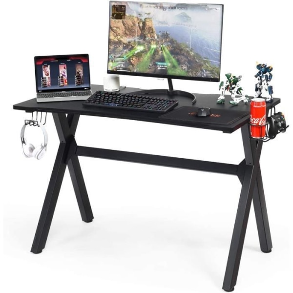 COSTWAY spelbord för gamer 120 x 60 x 76 CM ergonomiskt bord med mugghållare, hörlurskrok och musmatta Svart