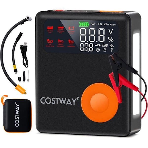 COSTWAY Bilbatteri Jump Starter 13000 mAh - 150 PSI, med luftkompressor - LED-skærm nødlys Svart och orange