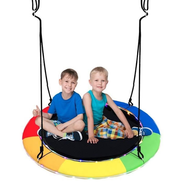 COSTWAY Fuglerede Gyngestol Ø 100CM med Multifarvet LED Lys i 8 Tilstande Justerbar Snor 100-180CM Udendørs Kapacitet 300kg Bal Flerfärgad