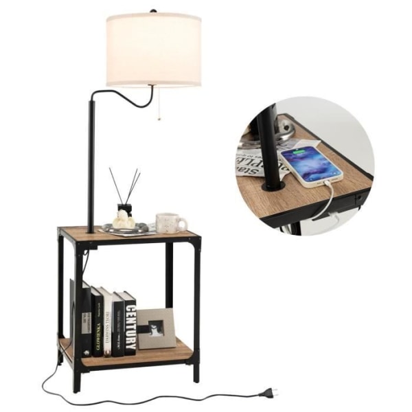 COSTWAY Golvlampa i vardagsrummet med sidobord med 2 USB-laddningsportar 2 hyllor, 360° roterande lamparm för sovrummet