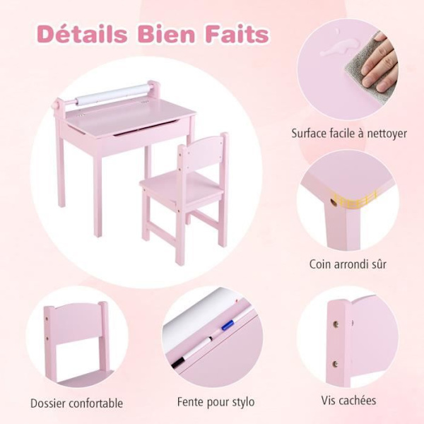 COSTWAY børneskrivebord med stol, papirrulle, foldbar top (skjult opbevaring) i træ i 3+ år Pink Rosa
