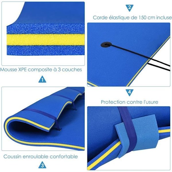 COSTWAY Flydende XPE Skum Tæppe 270x180CM 3 Lag med 3,5M Elastisk Fastgørelse Bærende Kapacitet 300KG til Swimmingpool Blå