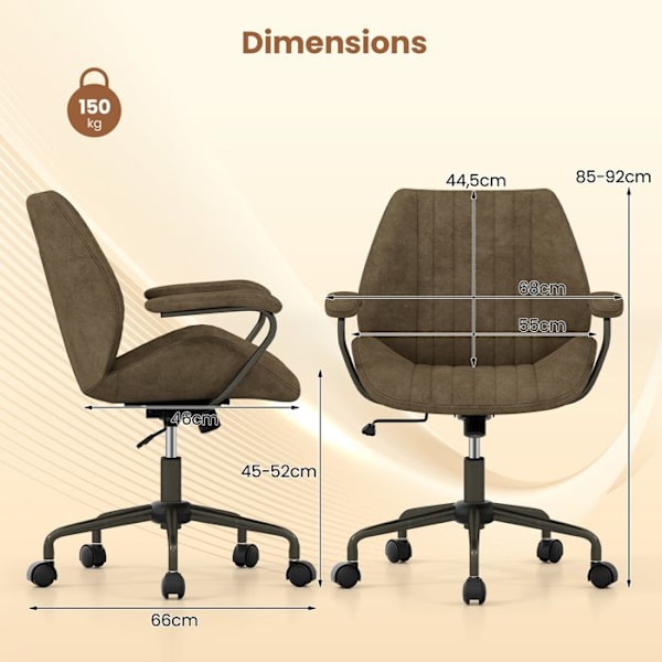 COSTWAY Ergonomisk Dreje Kontorstol i Suedelstof med Hjul - Højdejusterbar Sædehøjde 45-52 cm