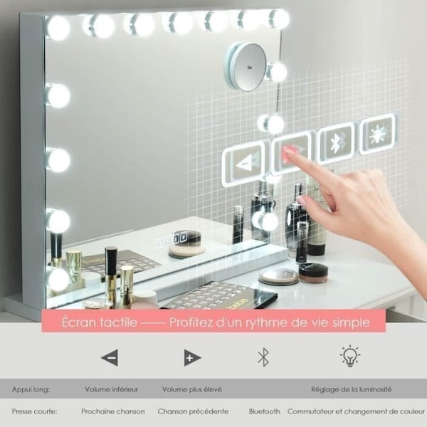 COSTWAY Hollywood Makeup Mirror LED Touch Control Belysning, 10X förstoring, Bluetooth-högtalare, 3 färger justerbar