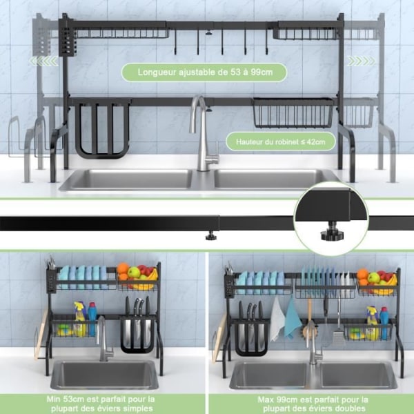 COSTWAY Opvaskestativ 53-99 cm, med 4 kurve og 8 kroge, redskabsholder og knivholder