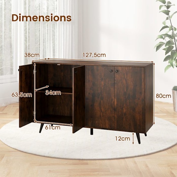 COSTWAY Keittiöbuffet Kommode Säilytyskaluste, jossa 4 Ovea, 2 Säädettävää Hyllyä Keittiöön, Olohuoneeseen 127,5x38x80cm Ruskea