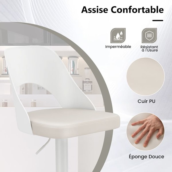 COSTWAY Sæt af 2 Ergonomiske Barstole - Justerbar Sædehøjde 63-83 cm til Køkken Bistro Hvid