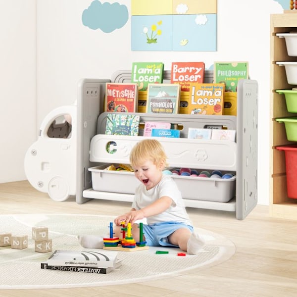 COSTWAY Børnebibliotek til Opbevaring af Legetøj - 4 Niveauer med 2 Kasser - Bilformet - 108x35x63,5 cm - til Legerum