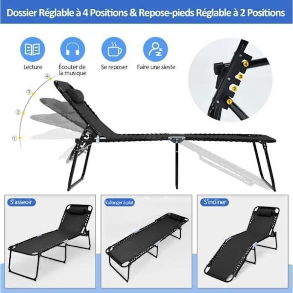 COSTWAY Sammenklappelig loungestol med aftagelig nakkestøtte Justerbar ryglæn i 4 positioner Rustfrit stål til campingterrasse