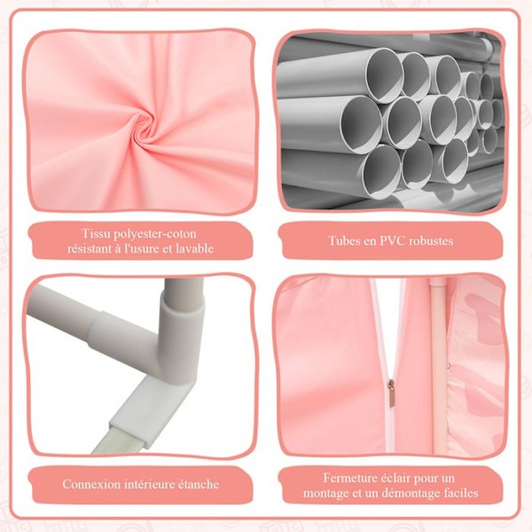 COSTWAY Lektält för barn - Mjuk vadderad kudde - Fönster och gardin för ventilation - i 12+ månader - 121 x 105 x 137 cm - Rosa Rosa