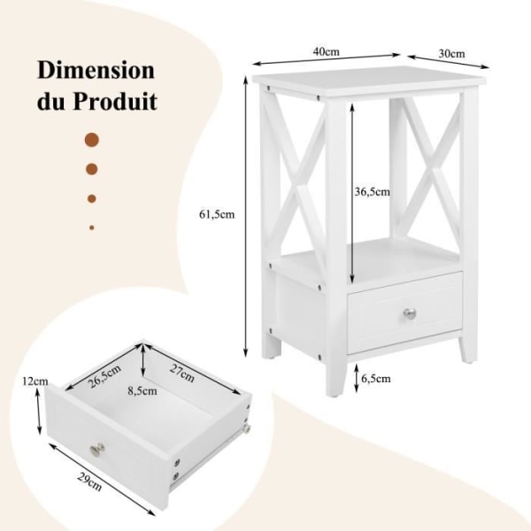 COSTWAY sengebord med nederste skuffe og hylde, 40 x 30 x 61,5 cm, til stue, soveværelse, kontor, lejlighed, hvid