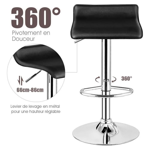 Barstole - COSTWAY - Højdejusterbart sæde - 360° rotation - Sort PU-læder Svart