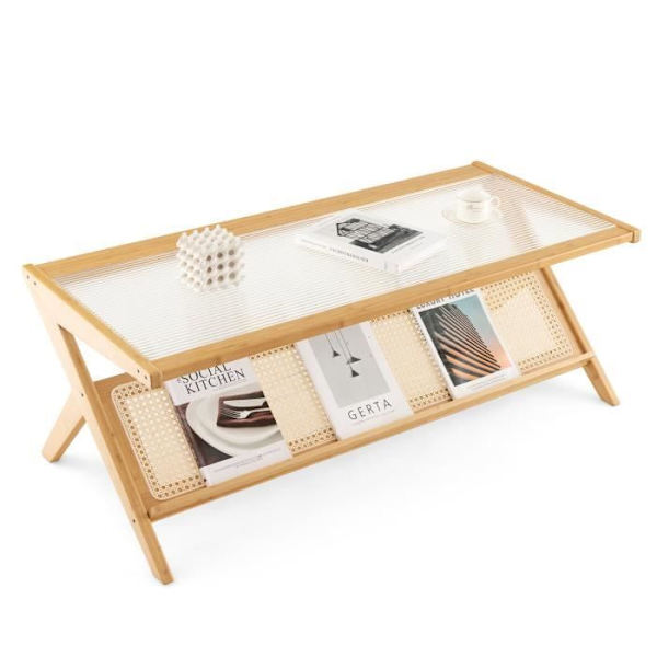 COSTWAY Soffbord 120 cm i bambu - Skiva i härdat glas, tidningsställ i rotting - Vardagsrumsbord för vardagsrum, kontor, sovrum Naturlig