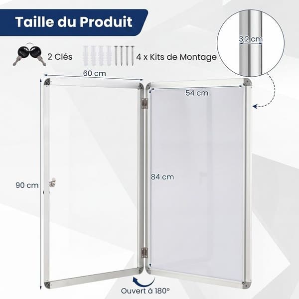 COSTWAY Väggmonterad Glasdisplay Låsbart Aluminiumram Silver 90x60cm Magnetisk Whiteboard för Kontor Hem