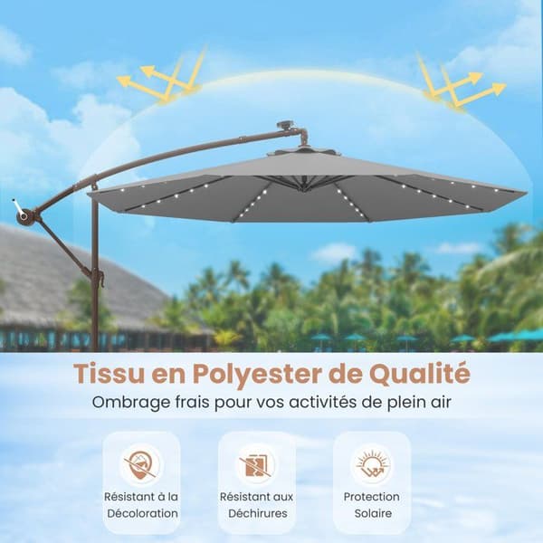 Parasol Déporté 40 LEDs 3M - COSTWAY - Base Croisée Sandpose - Polyesterstof UV 20+ Grå - Solpanel 6 Timer Grå